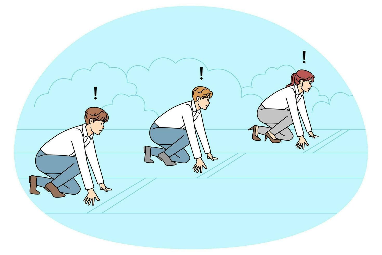 Businesspeople at start ready for competition at workplace. Work colleagues running for success and promotion. Rivalry in business. Vector illustration.