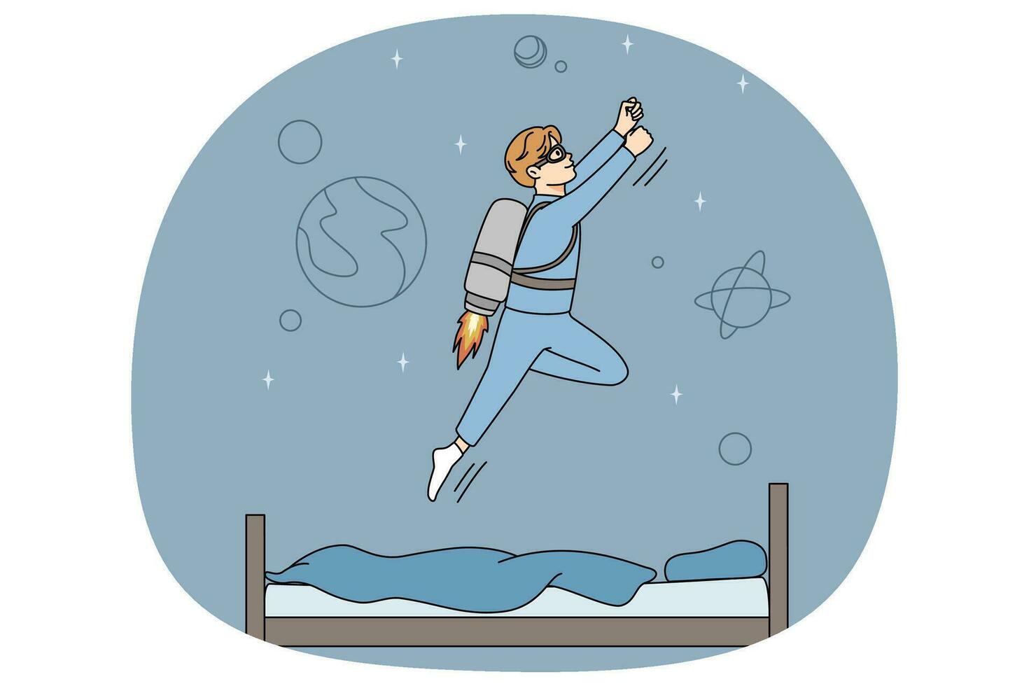 Excited boy child fly from bed in sleep dreaming of becoming astronaut. Small kid flying to universe in dream. Children fantasy concept. Vector illustration.