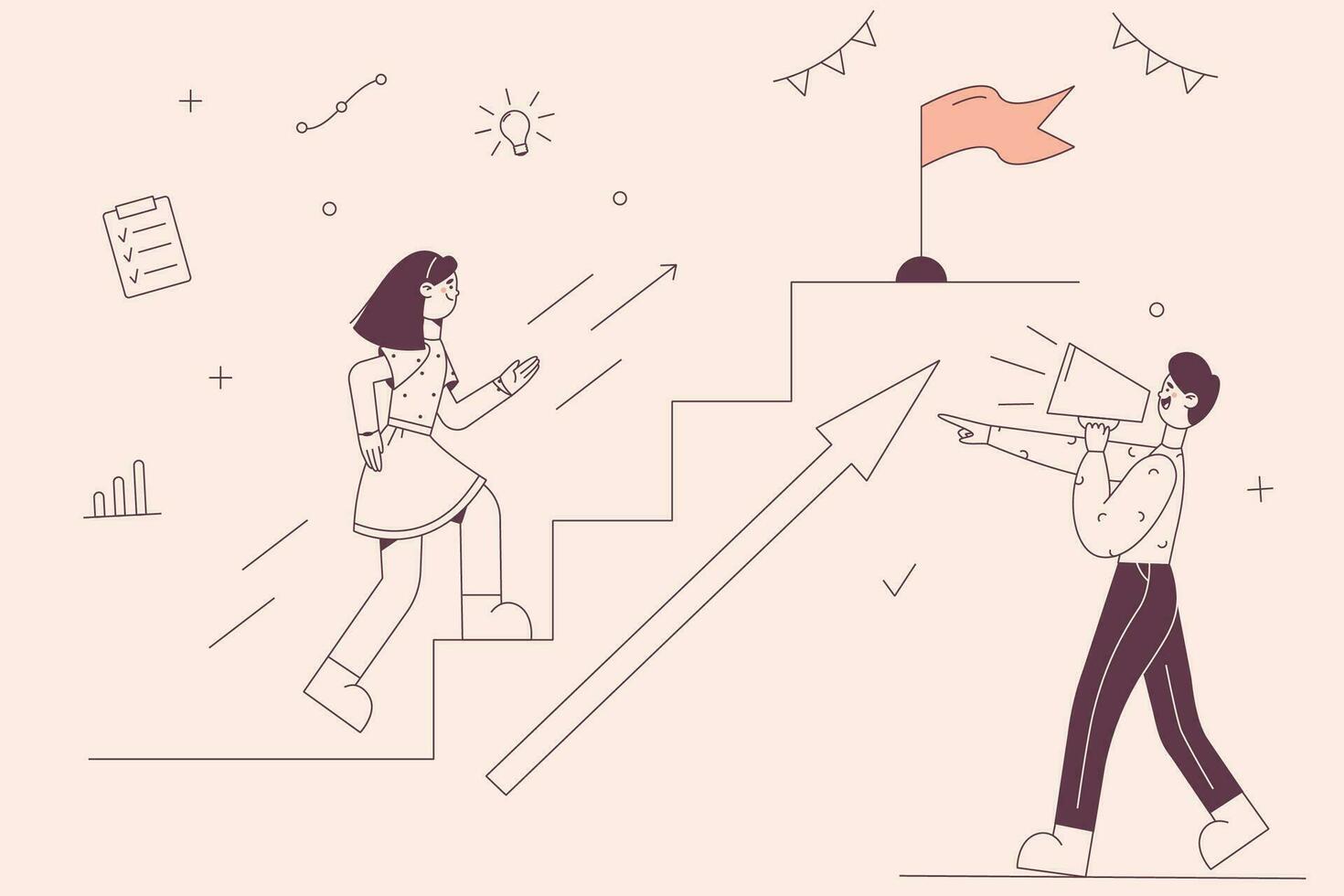 Competition, promotion, announcement concept. Young man making announcement on speaker pointing at woman climbing up ladder trying to reach peak with flag vector illustration