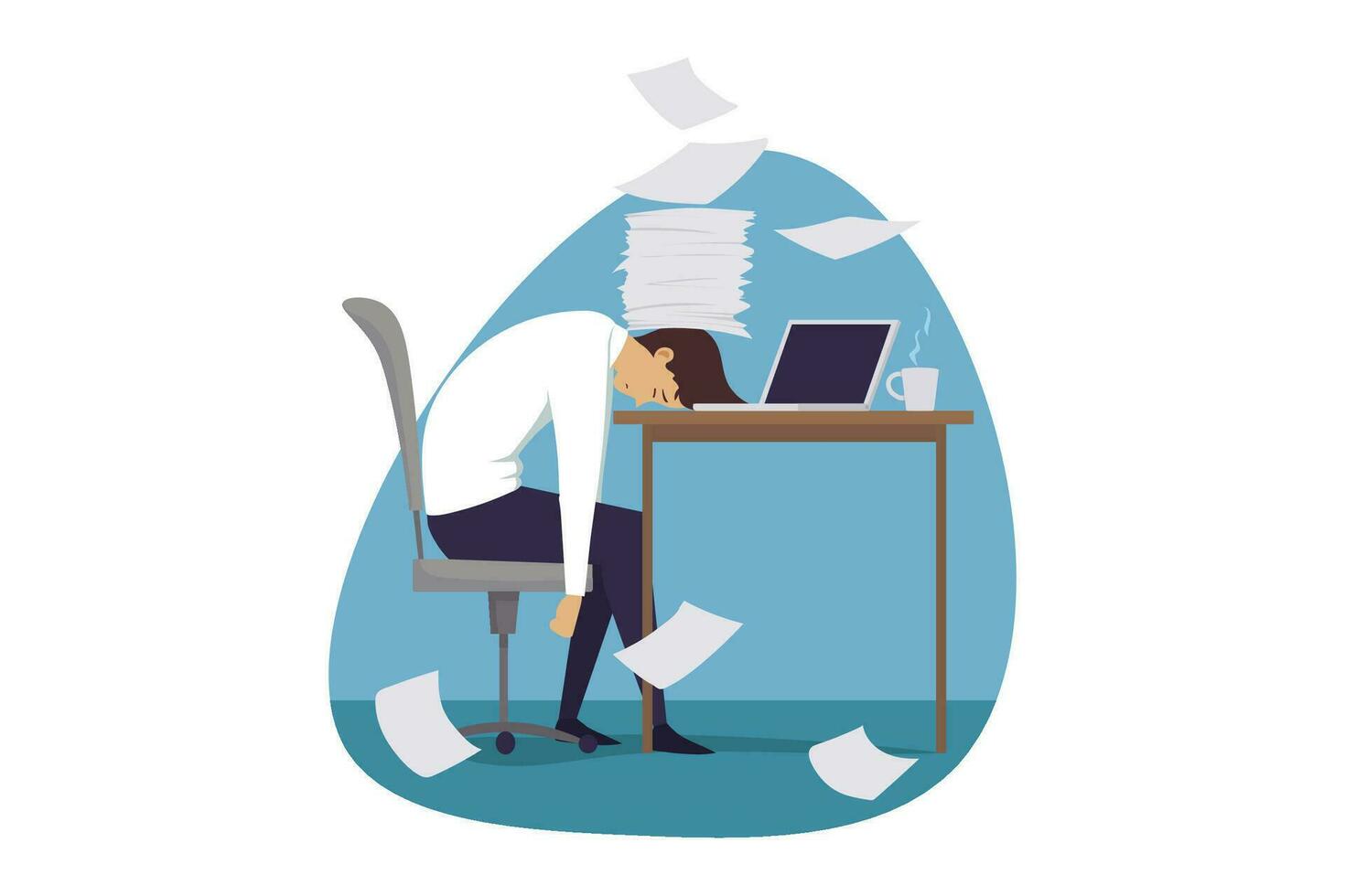 Deadline, mental stress, time management, business concept. Tired exhausted overloaded overworked businessman clerk manager sleeps taking nap on office workplace table. Fatigue tiredness illustration. vector
