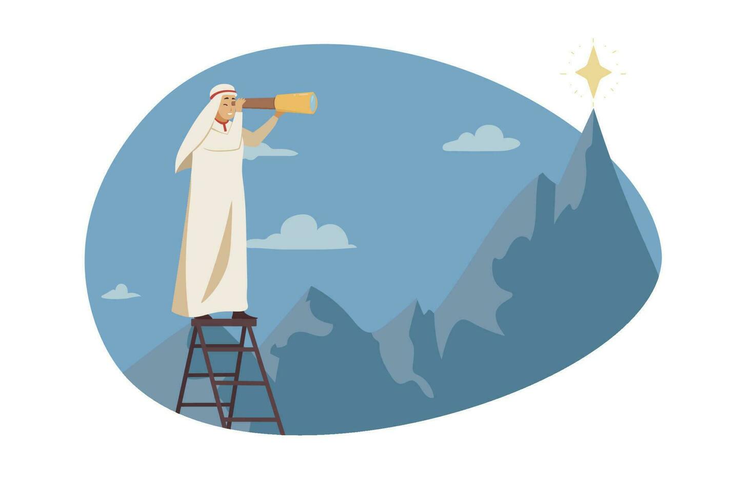 Goal achievement, motivation, aspiration, leadership, business concept. Young confident arab businessman muslim manager cartoon character looking in telescope at star. Startup and planning strategy. vector