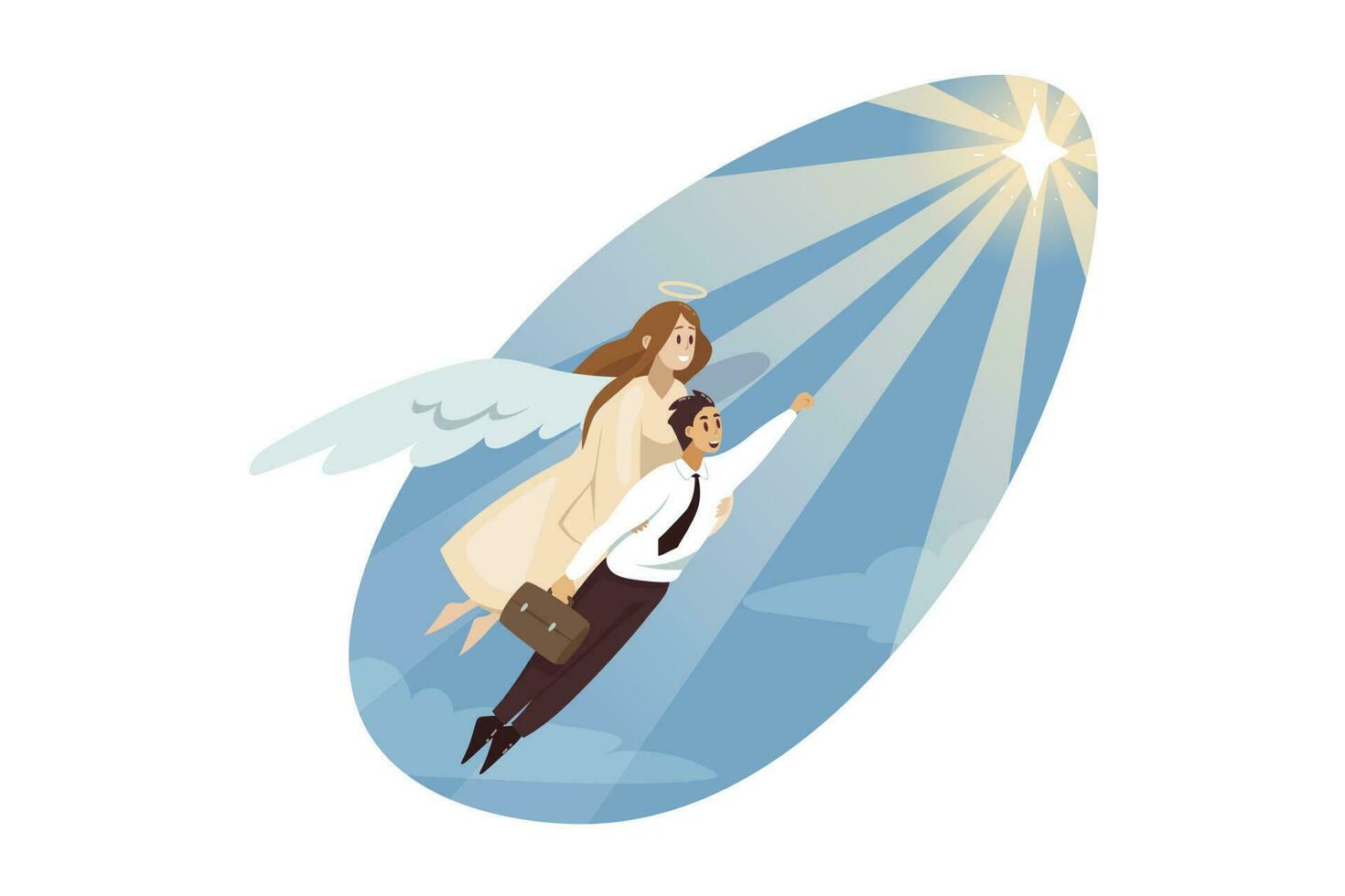 Religion, christianity, support, success, goal achievement concept. Angel carrying of young businessman clerk manager helping flying to star. Divine startup assistance and reaching purposes. vector