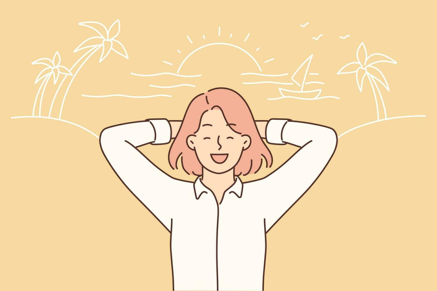 Happy woman in business clothes stands on sea beach with palm trees and sunny sunset during summer vacation. Businesswoman tourist dreams of going on summer weekend to hot resort with ocean vector