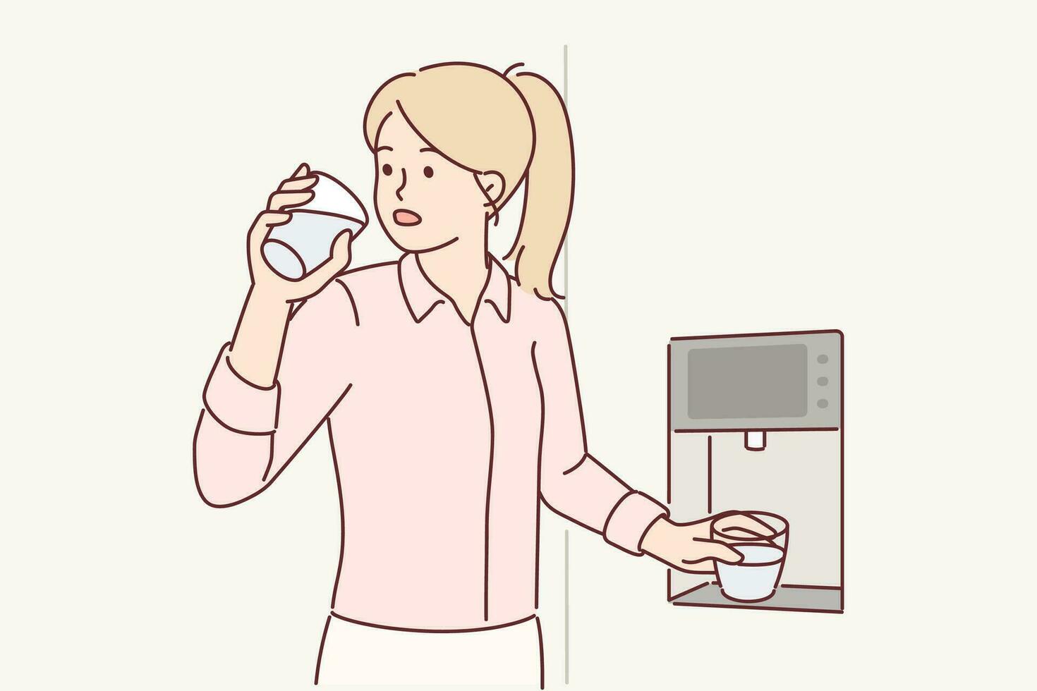 Woman drinks cold water standing near refrigerator with dispenser for serving chilled aqua with ice. Girl drinks water to quench thirst stands in office kitchen near filtration equipment vector