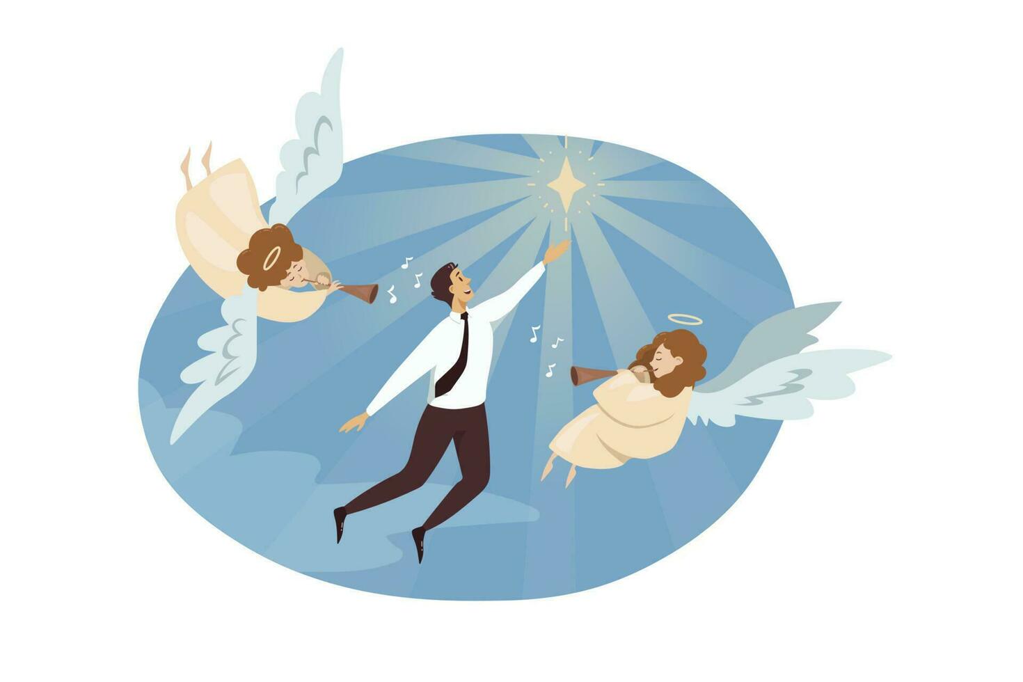 Religion, christianity, support, success, goal achievement concept. Angels biblical characters playing on pipes glorifying young businessman clerk manager flying to star. Divine startup assistance. vector