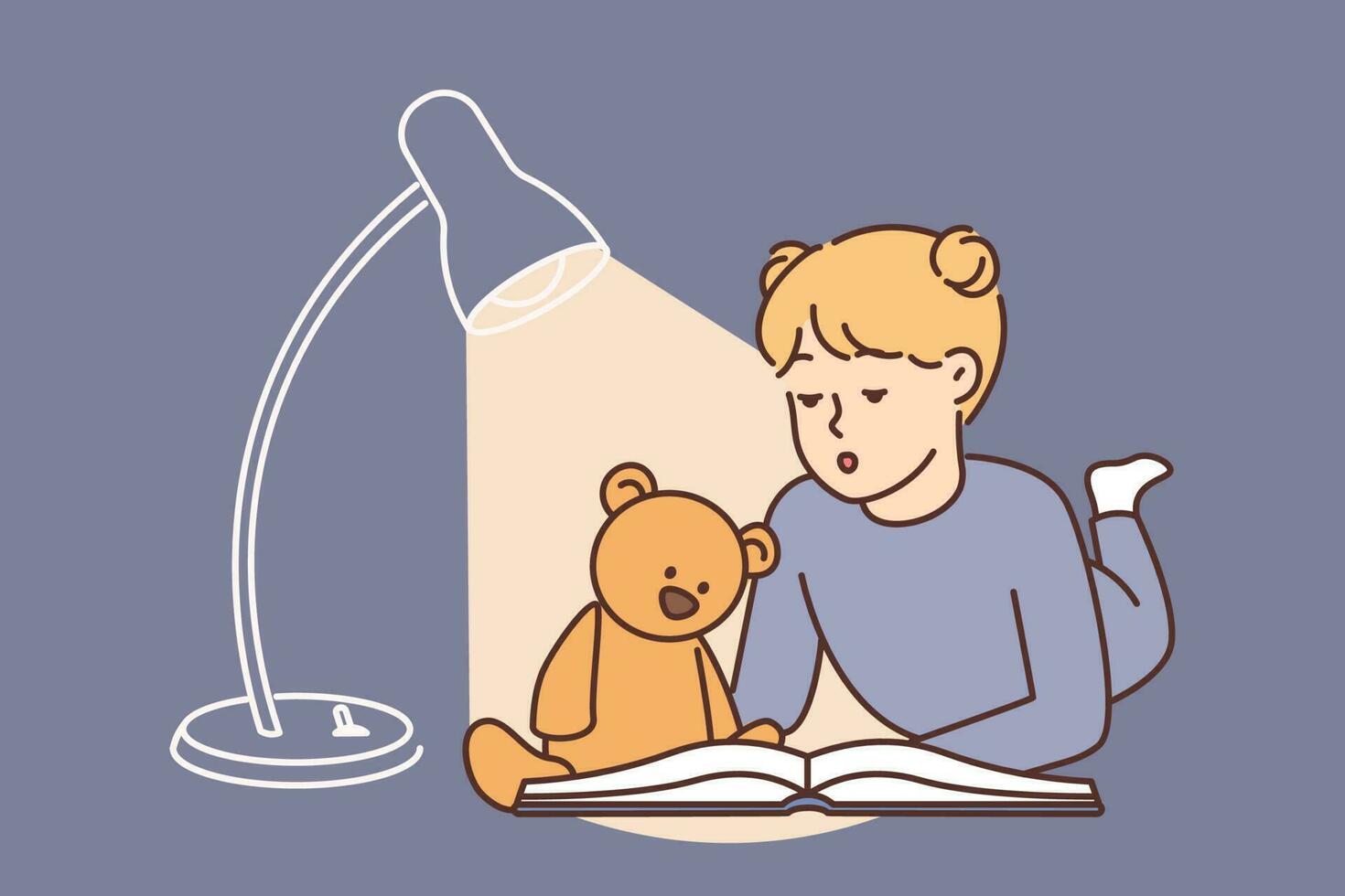Little girl lies on floor reading book with fairy tale story along with teddy toy bear. Surprised girl in pajamas looks at pictures in book with fairy tales about wizards or good fairies vector