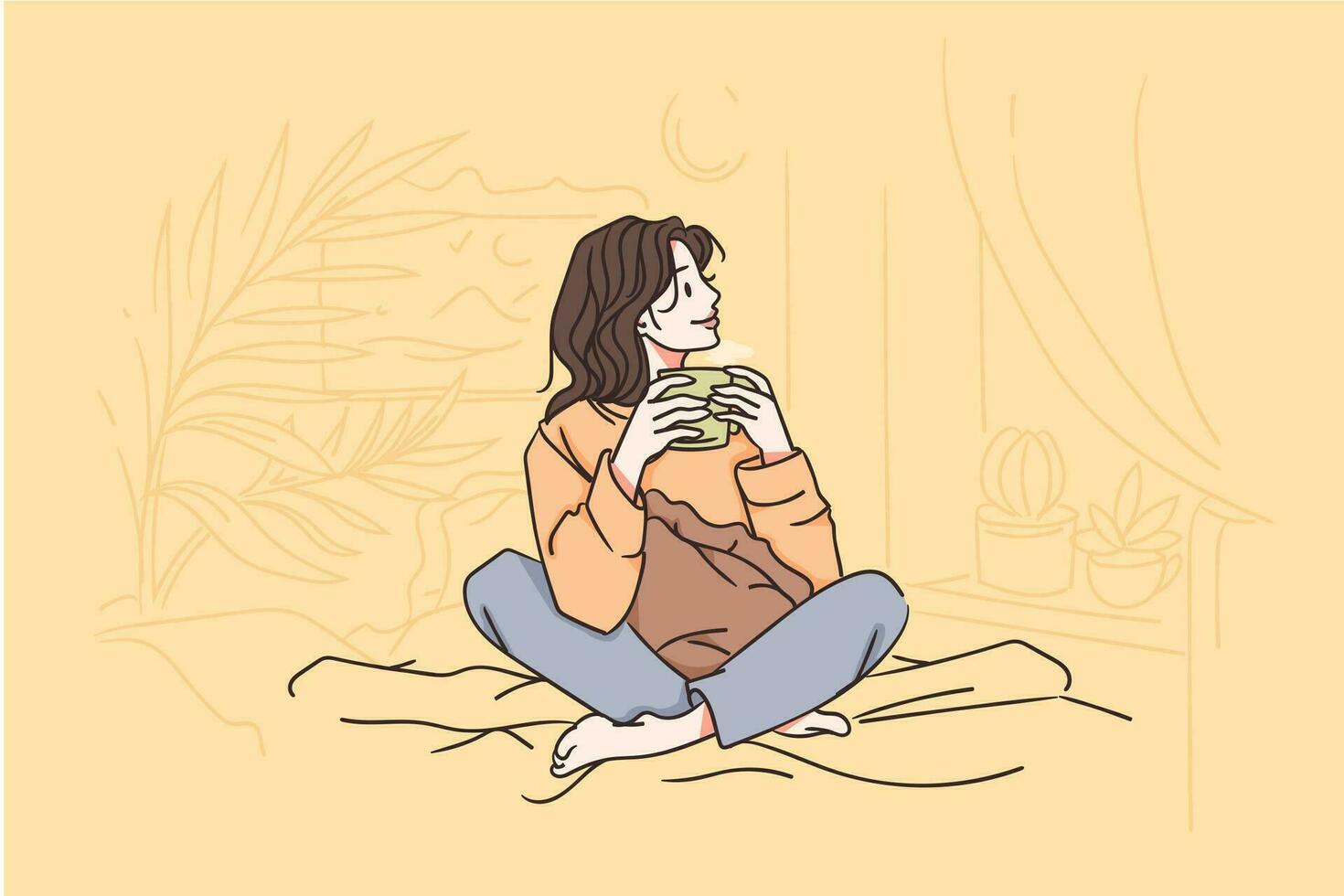 relajante, felicidad, ocio concepto. joven hermosa contento joven mujer vistiendo hogar ropa sentado sonriente y Bebiendo té en cama vector ilustración