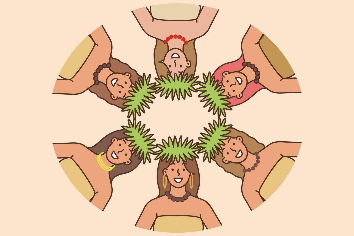 Women Polynesian dancers from exotic resort on tropical island stand in circle and look at camera. Bottom view of face of girls dancers in tropical clothes for entertainment of tourists vector