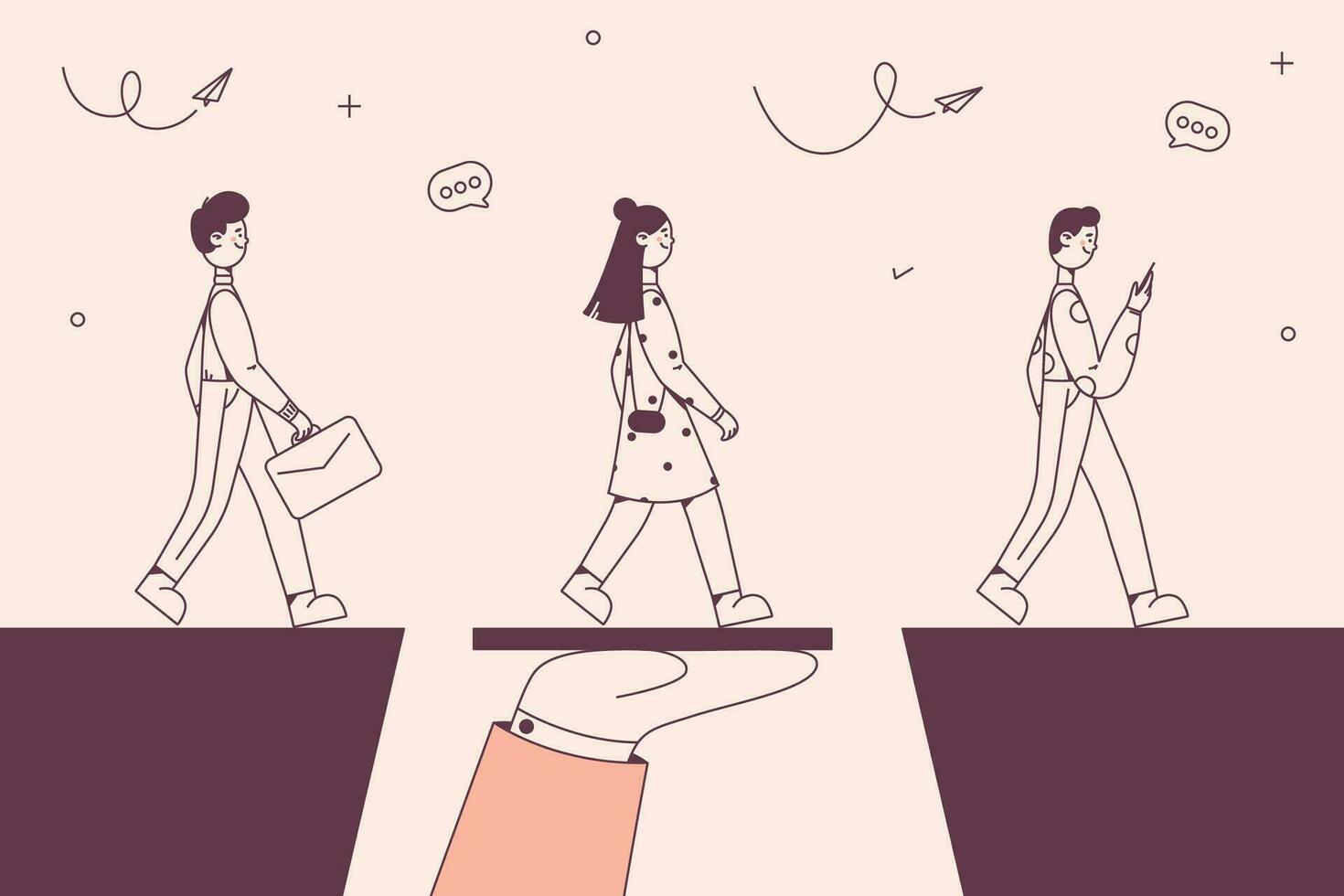 Business support and confidence concept. Human hand supporting walking business people between gap and giving chance of development and success vector illustration