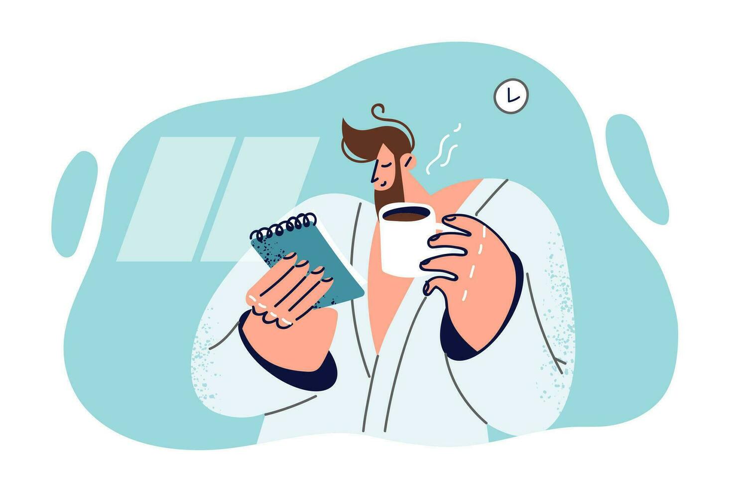 Man in bathrobe drinks coffee instead of breakfast and holds notebook, reading plan with notes and personal thoughts. Successful man with cup of tea enjoying quiet evening after hard day at work vector