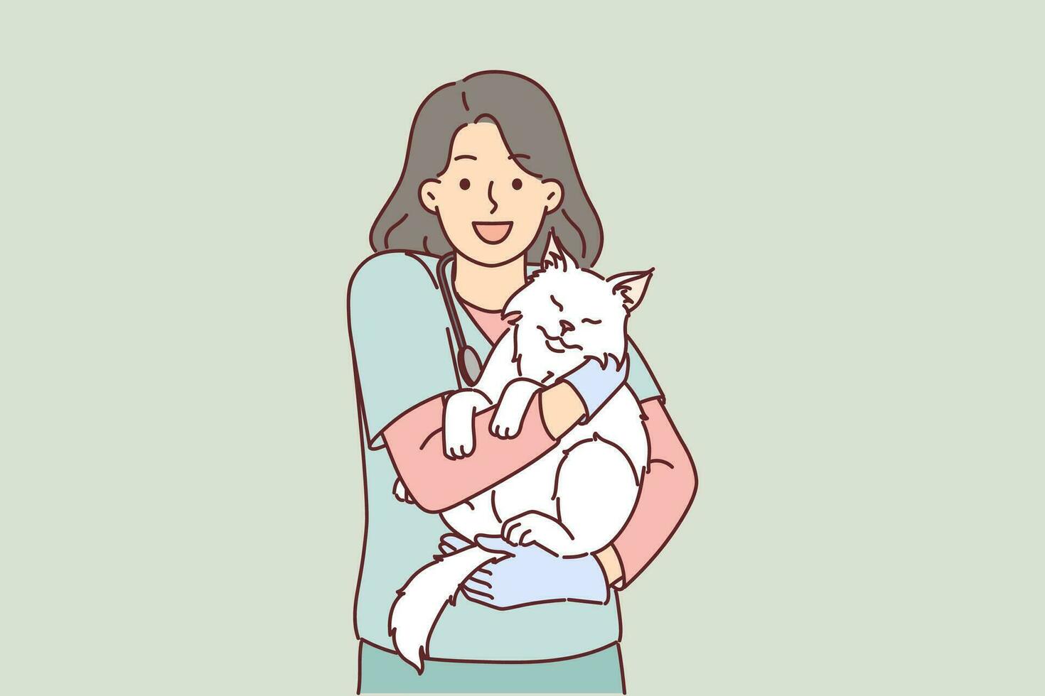 Woman veterinarian holds cat belonging to ZOO clinic visitor who brought pet for examination or vaccination. Young girl works as veterinarian and loves to treat animals and take care of kittens. vector