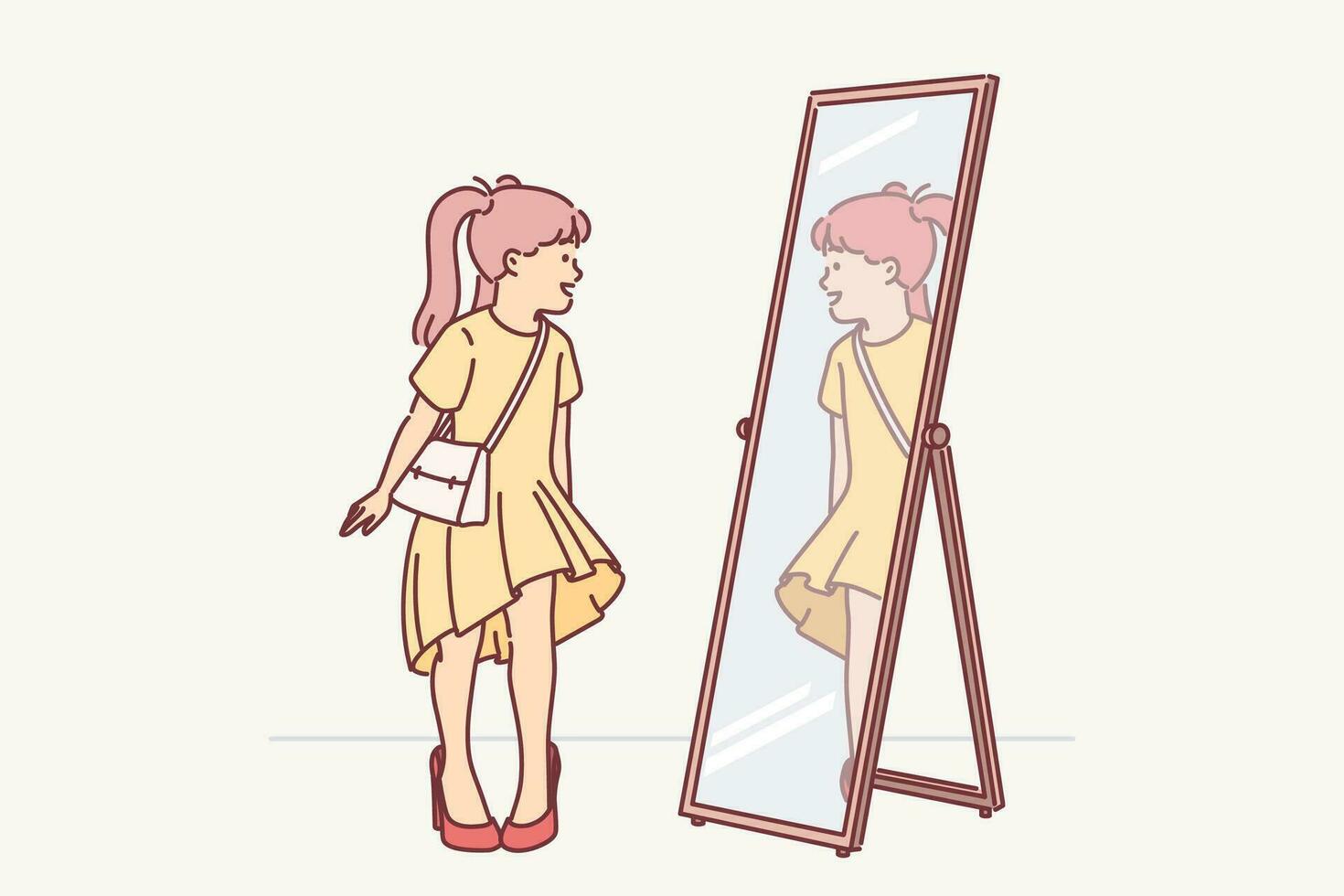 Little girl in mother clothes looks in mirror trying on big shoes with heel and trying to seem like adult. Funny girl for concept of parental happiness or positive emotions from having daughter or son vector