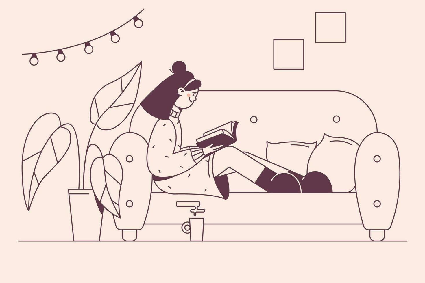 Reading, literature, favourite hobby concept. Happy young girl cartoon character sitting on sofa with coffee and reading book alone at home vector illustration