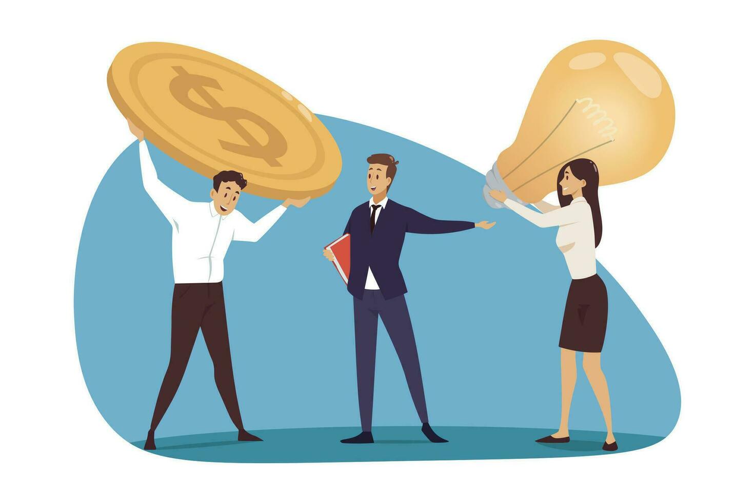 Outsourcing, management, business concept. Partnership deal intermediary or resource exchange illustration. Businessman leader standing between colleagues managers holding light bulb and coin currency vector