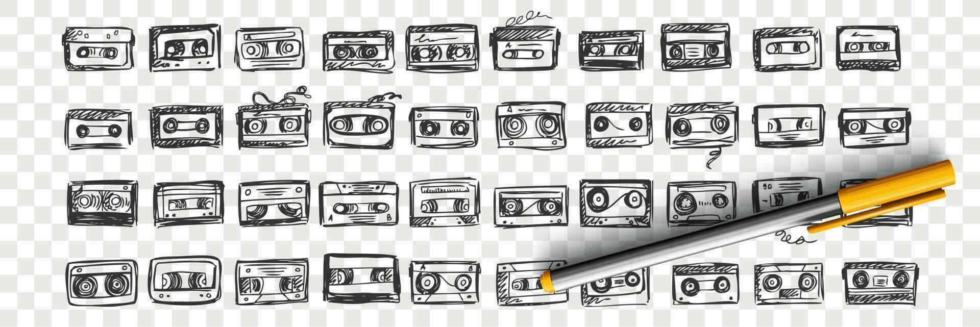 Hand drawn audio tapes doodle set vector