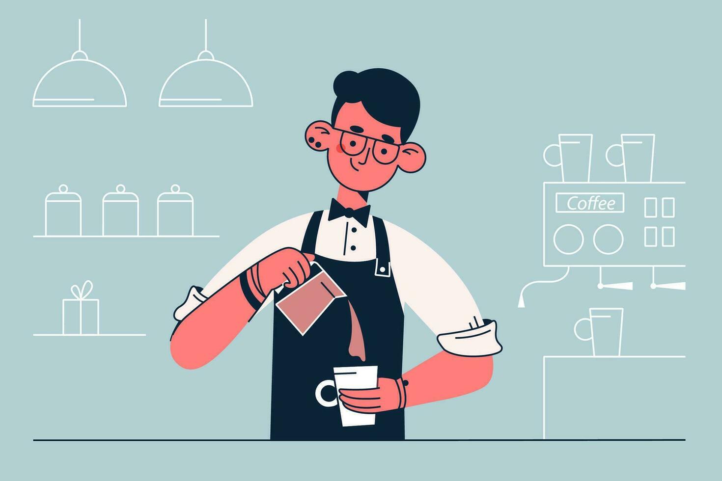 Barista during work concept. Young smiling man barista cartoon character working at cafeteria making coffee for client vector illustration