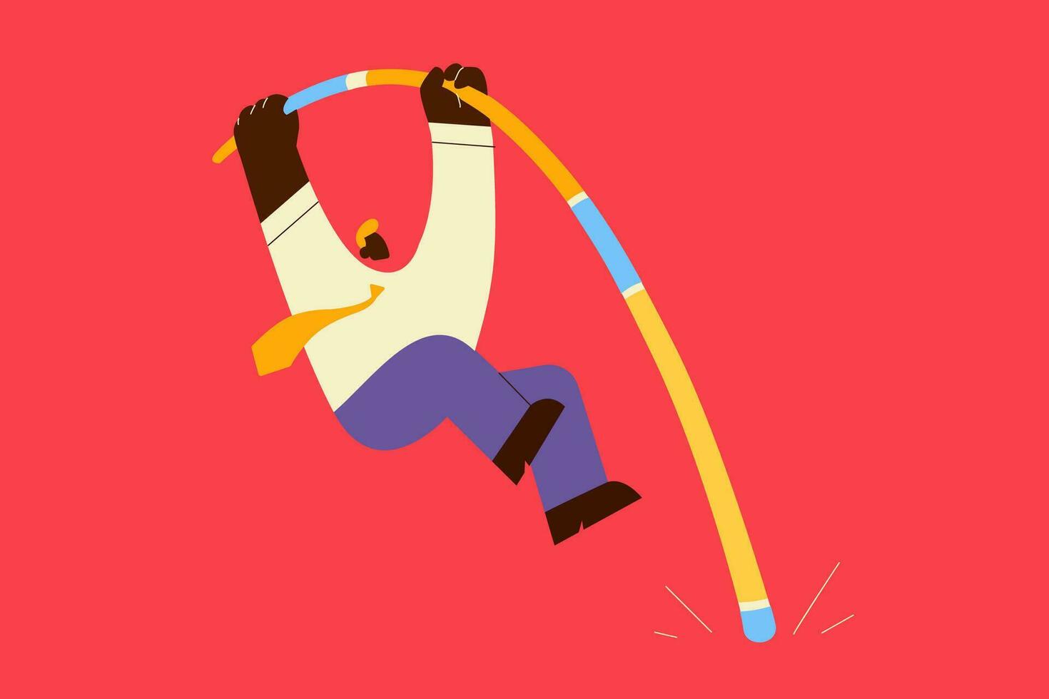 Challenge, success, risk concept. Businessman cartoon character jumping with pole vault to achieve good high results and overcome difficulties over red background vector illustration