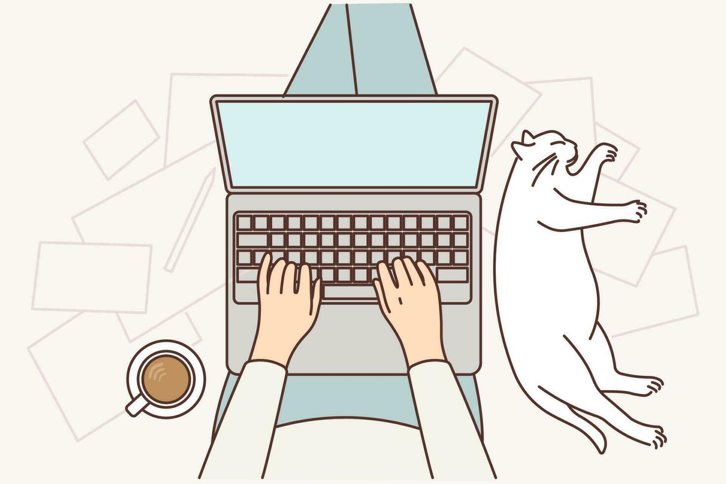 Human with laptop on knees sits on floor doing online work near sleeping cat and cup of coffee. Hands of female blogger typing new article in laptop or writer writing book to sell on internet vector