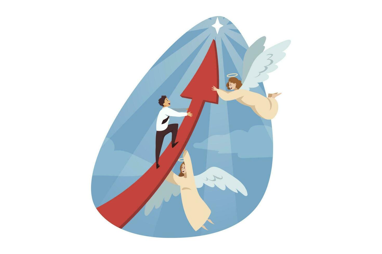 Religion, christianity, support, startup, goal achievement concept. Angels biblical character helping businessman manager climbing on red arrow to shining star. Divine assistance and reaching purposes vector