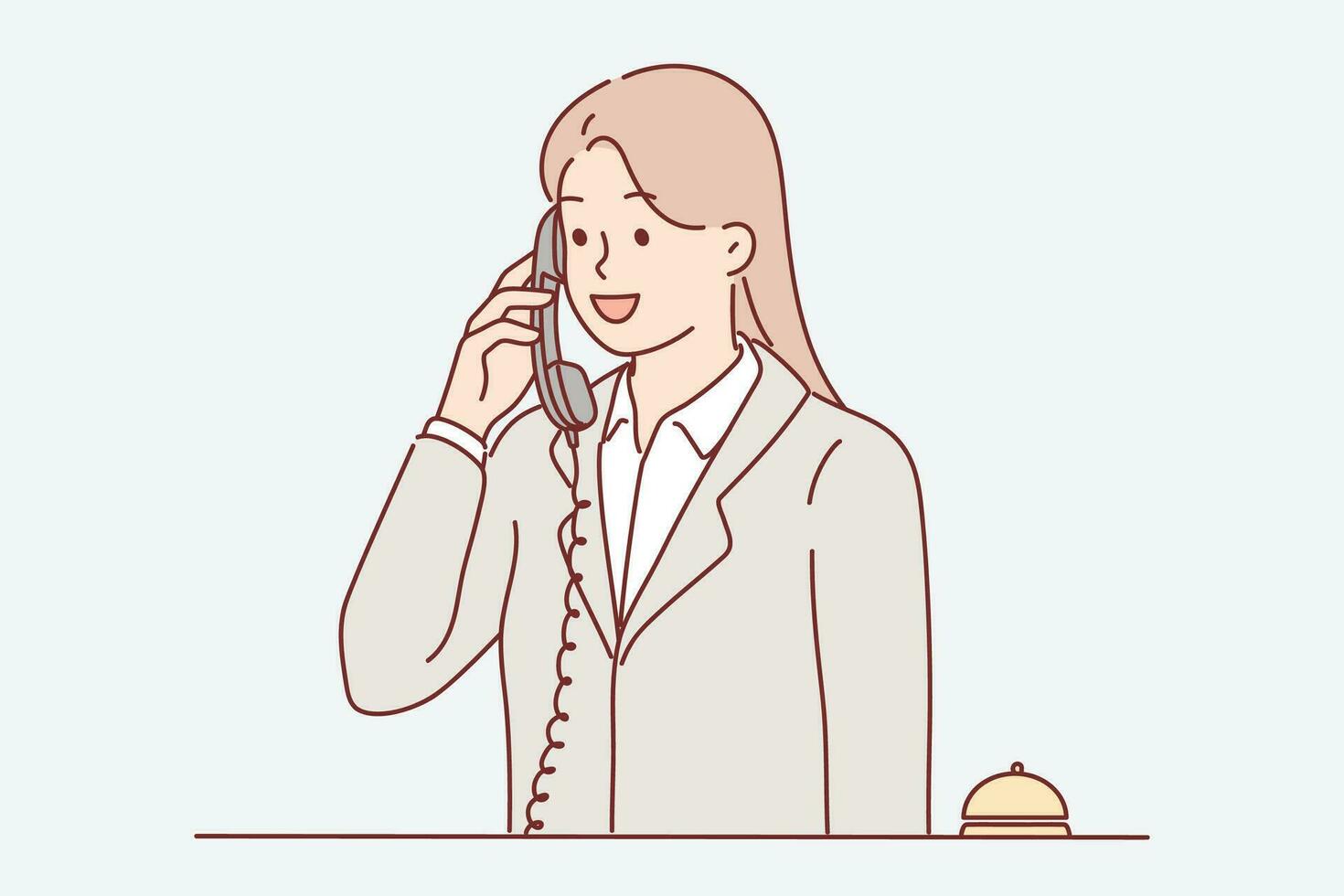 Receptionist woman talking on phone answering customer call with request to send maid or waiter. Receptionist girl works in hotel helping guests feel comfortable and makes career in field of HoReCa vector
