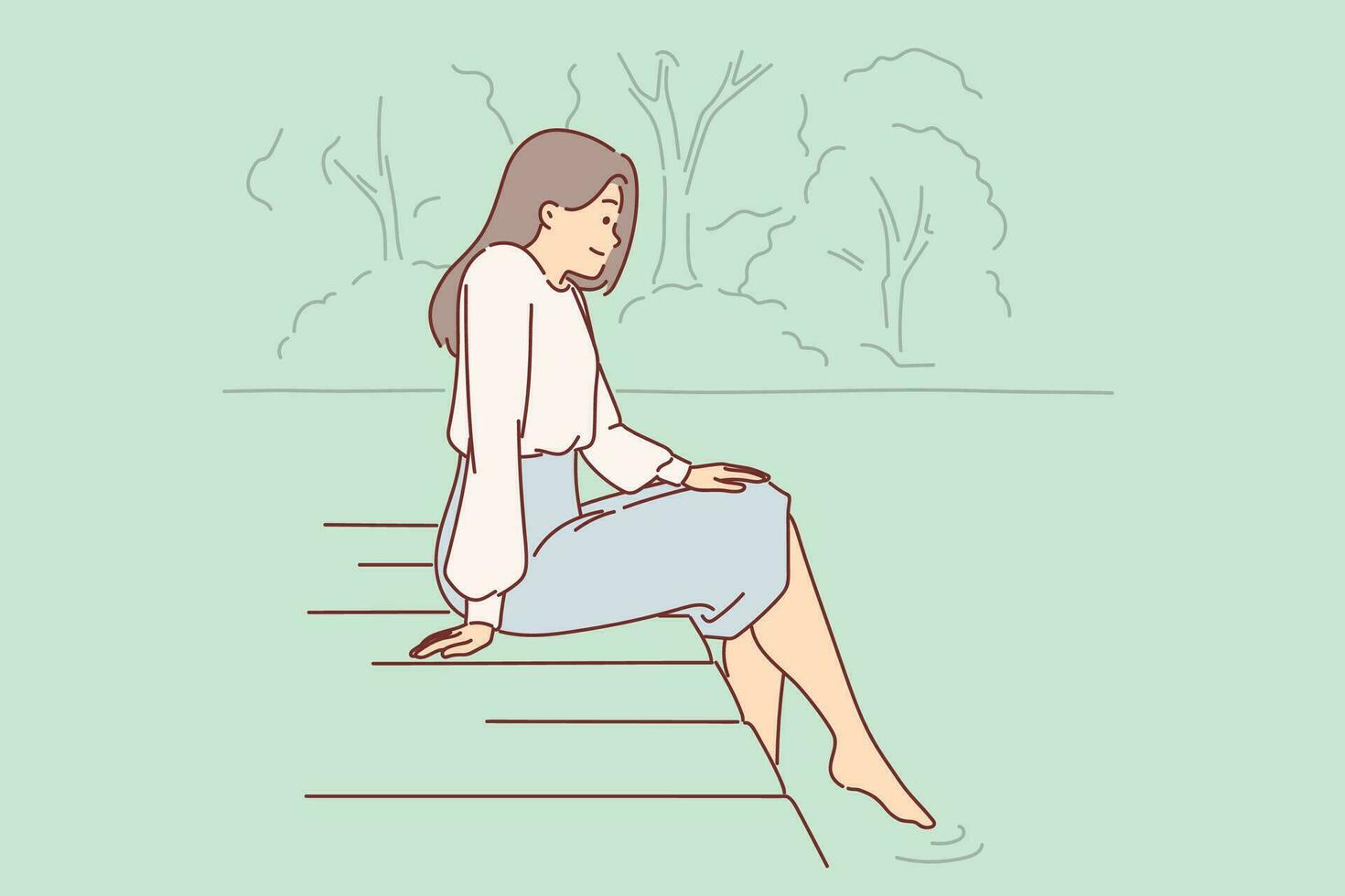 Woman is sitting on pier, lowering into water and enjoying silence and good summer weather. Dreamy young girl looks at river or lake relaxing on pier in public park after hard day work. vector