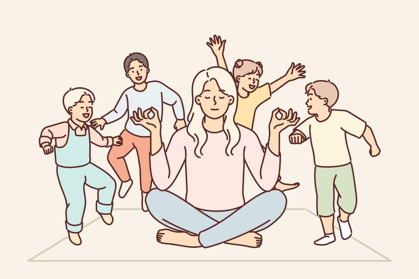 Attention-deficit children jump around meditating mother because of hyperactivity disorder and desire to play. Woman meditating doing yoga and resting due to child-rearing fatigue. vector