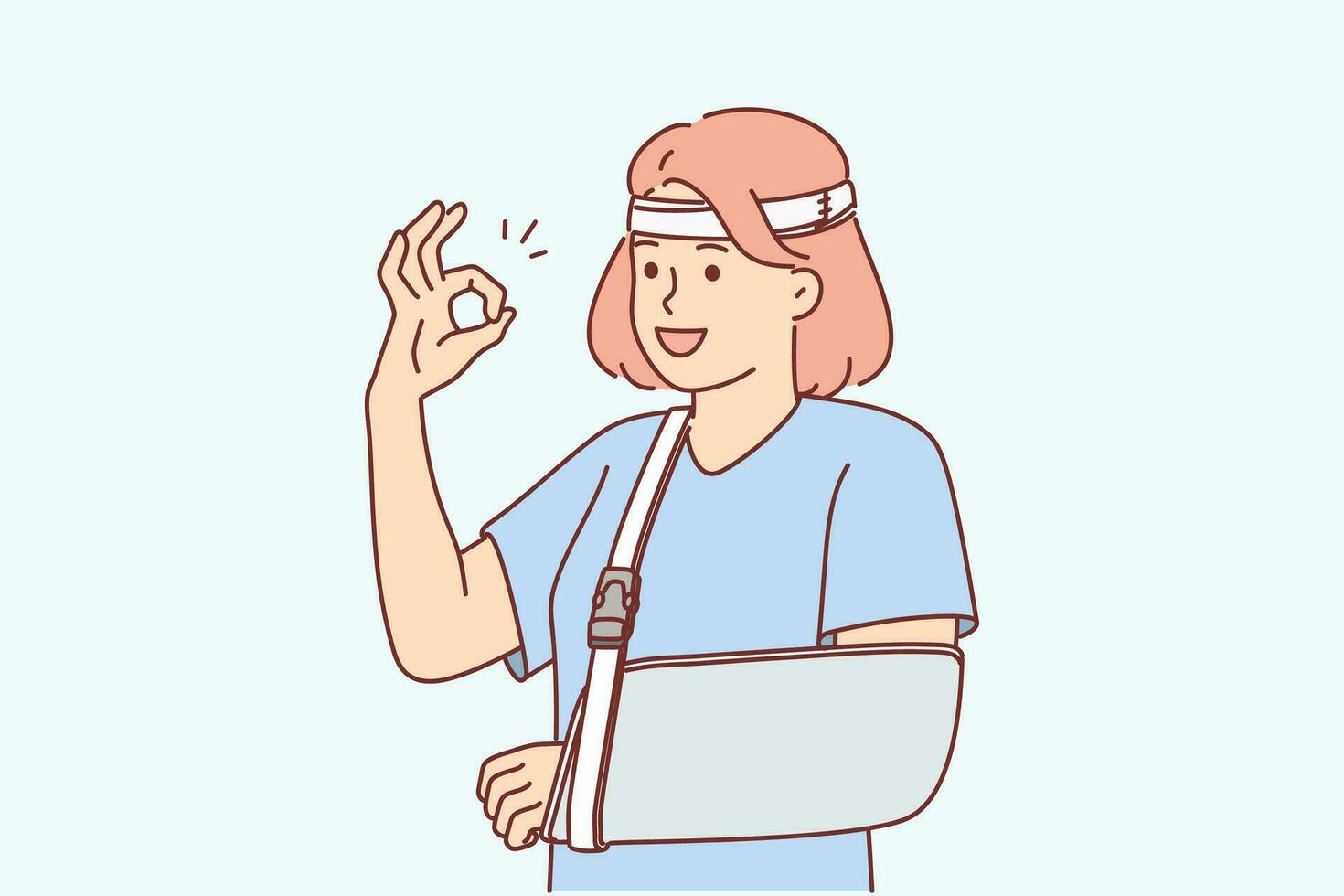 Woman with soft splint on injured arm shows OK gesture confirming absence of pain due to quality medical services. Girl who broke arm after accident rejoices at availability of medical insurance vector