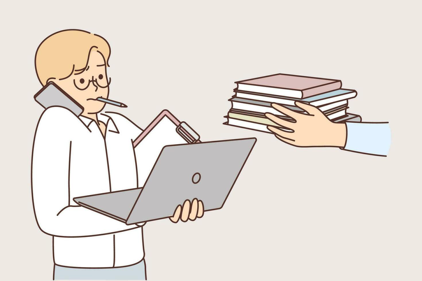 Overworked man needs personal assistant or time management that increases productivity. Overworked auditor with laptop and papers talking on phone standing near hands with report books vector