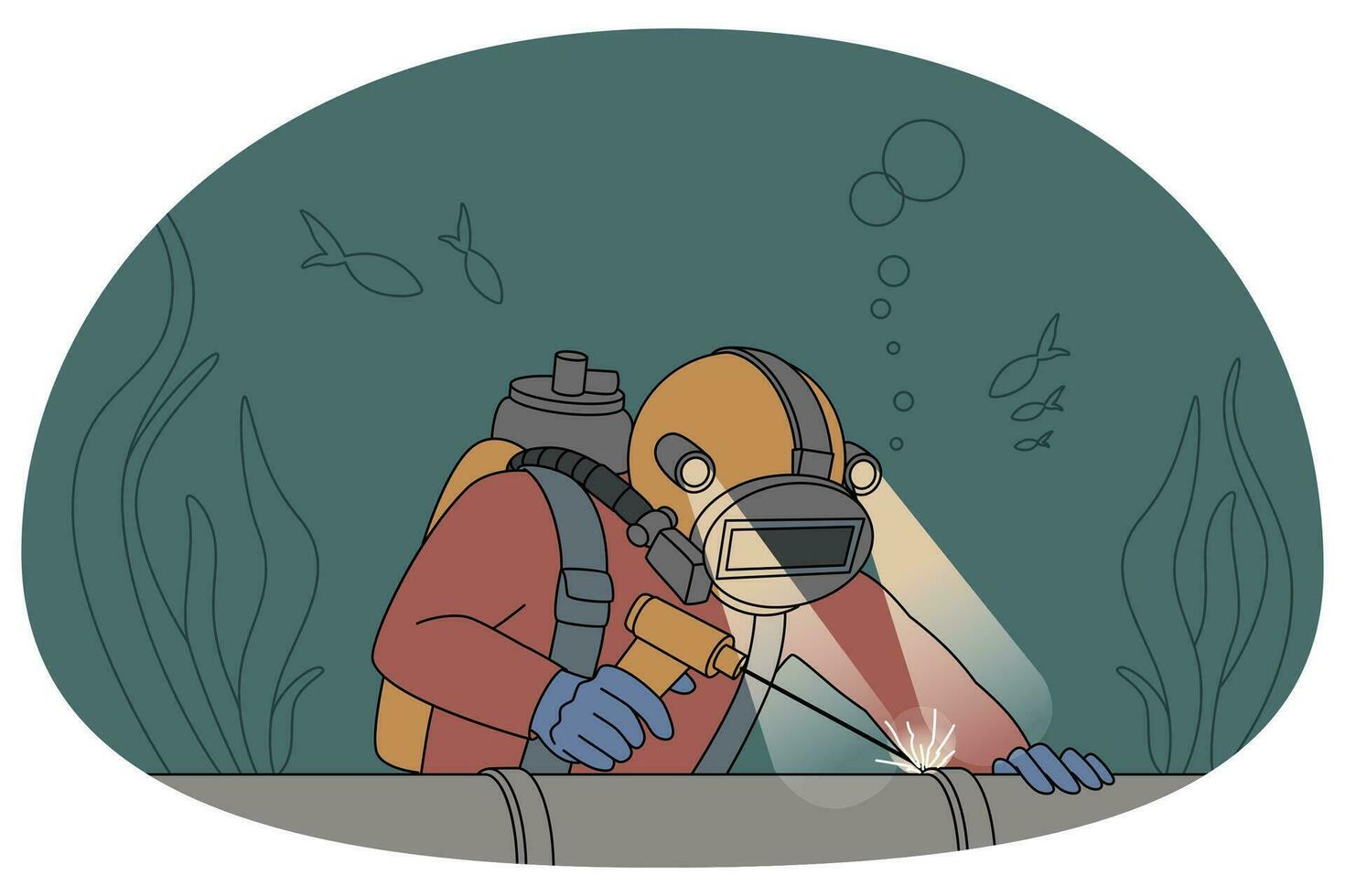 Diver in uniform underwater repair pipe. Man in protective gear fixing tube lines under water. Flat vector illustration.