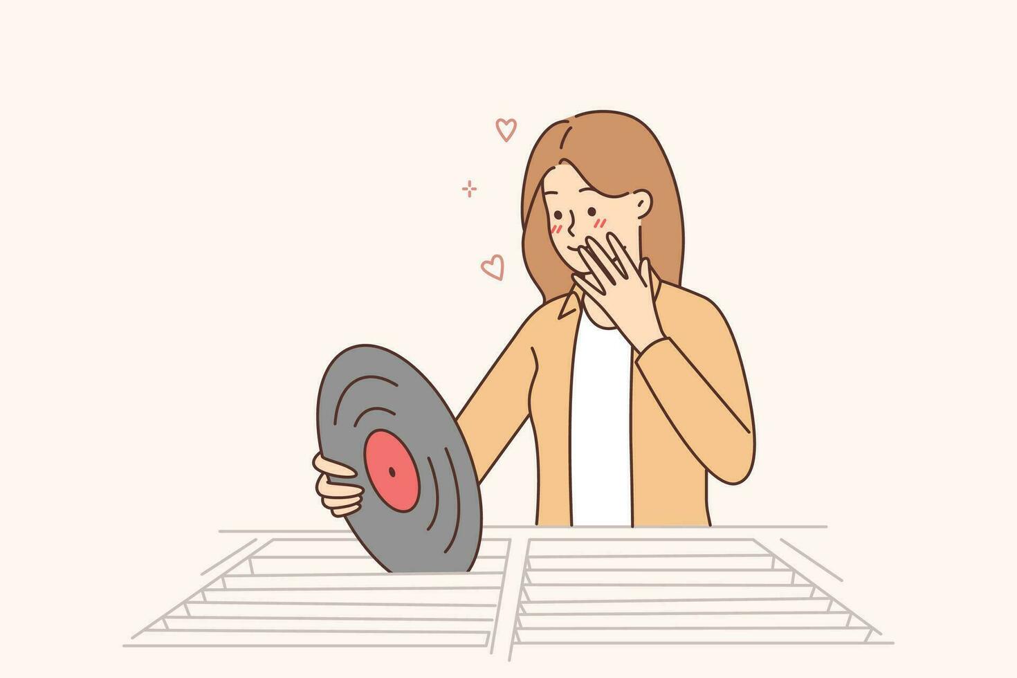 Woman holding vinyl record standing in music store near counter for collectors of retro records. Young meloman girl puts hand to lips rejoices when sees vinyl record with concert of group likes vector