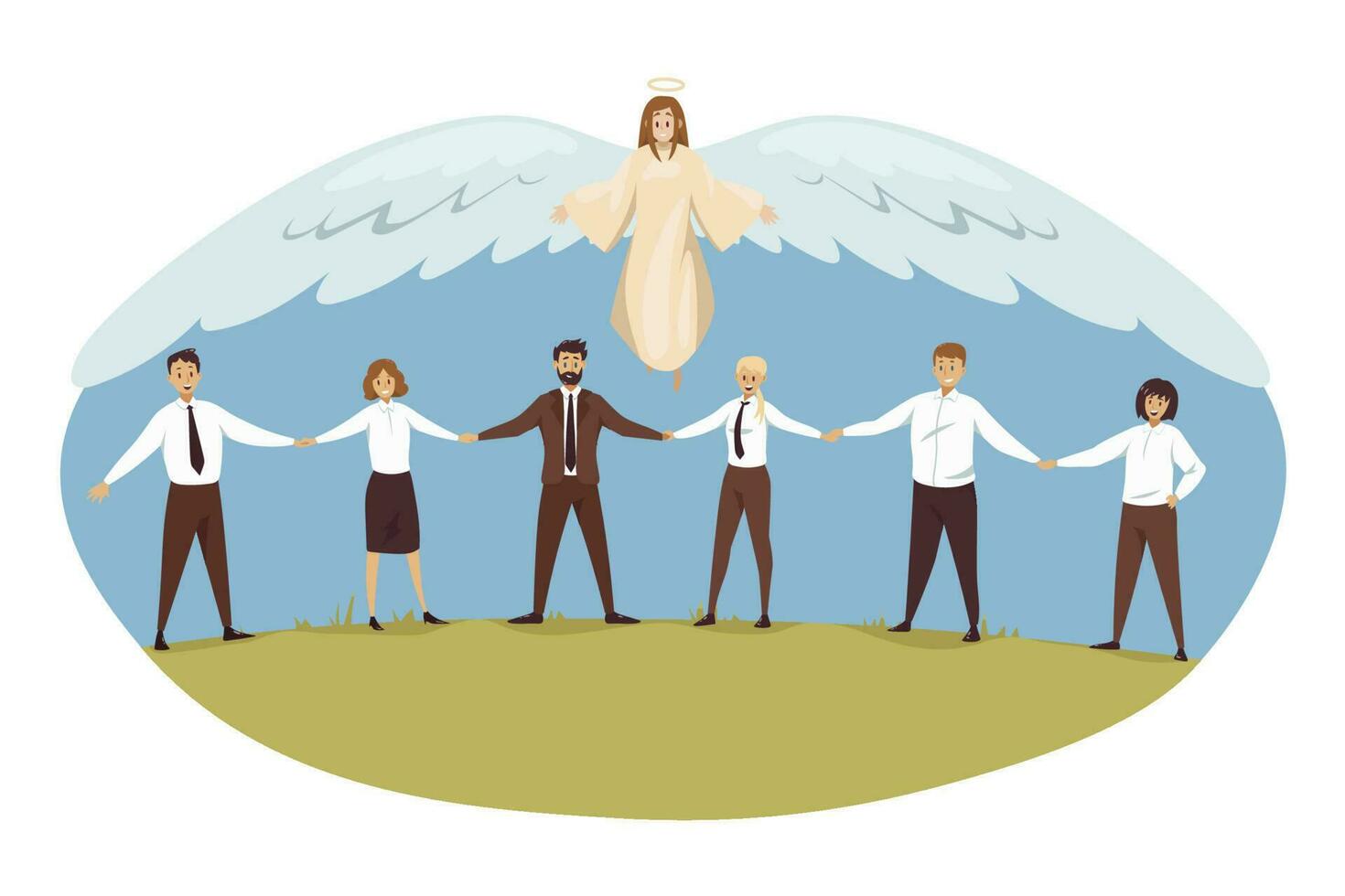 proteccion, apoyo, trabajo en equipo, negocio, religión, cristiandad concepto. ángel bíblico religioso personaje proteger equipo empresarios mujer empleado gerentes líderes adivinar ayuda y unidad ilustración vector