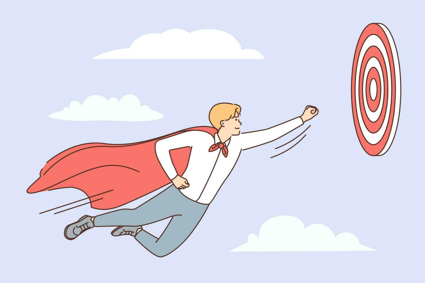 Young purposeful man in superhero cape flies in sky towards target, wanting to reach goal faster. Ambitious businessman striving for success and career growth or increasing company profits vector