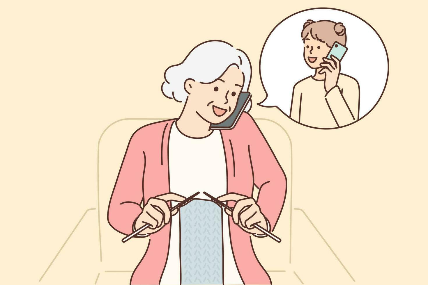 Grandmother makes phone call to granddaughter and knits scarf sitting in chair. Elderly woman with phone is talking to granddaughter, asking how things are at school or inviting to come visit vector