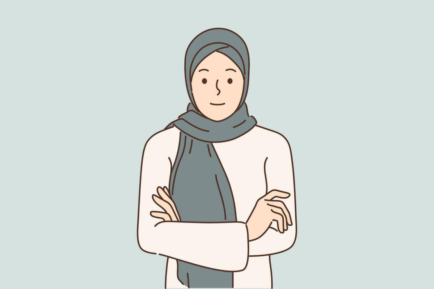 Arab woman in hijab stands with arms crossed and looks at screen for concept muslim style in clothing and diversity in fashion. Beautiful girl in hijab covering hair to comply with ethnic traditions vector