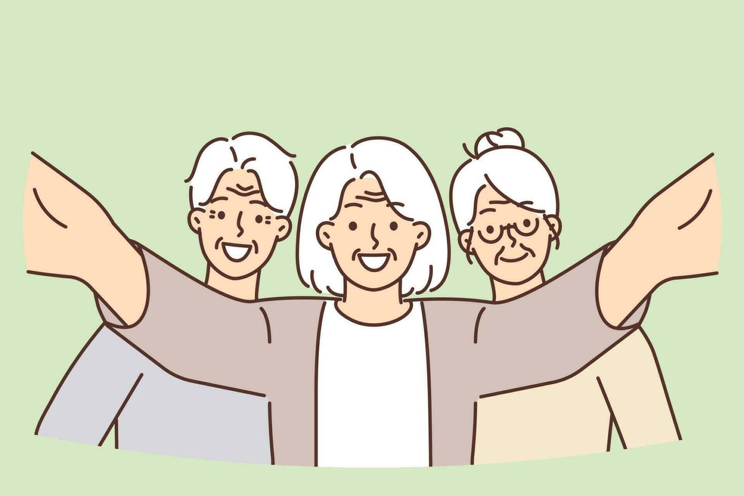 Smiling elderly people posing taking selfie together video active lifestyle and enjoying retirement. Elderly men and women spend time together during meeting of former colleagues or classmates vector