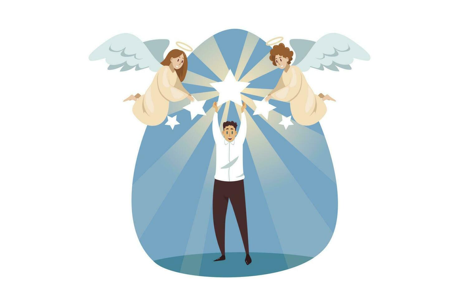 Religion, christianity, support, success, goal achievement concept. Angels biblical characters helping glorifying young businessman clerk manager holding shining star. Divine assistance illustration. vector