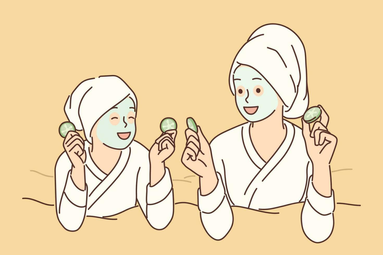 Two girls with hygienic mask on face rest lying on bed during rejuvenating spa treatment. Young mom and daughter in bathrobes use cosmetic masks to prevent wrinkles and get rid of acne vector