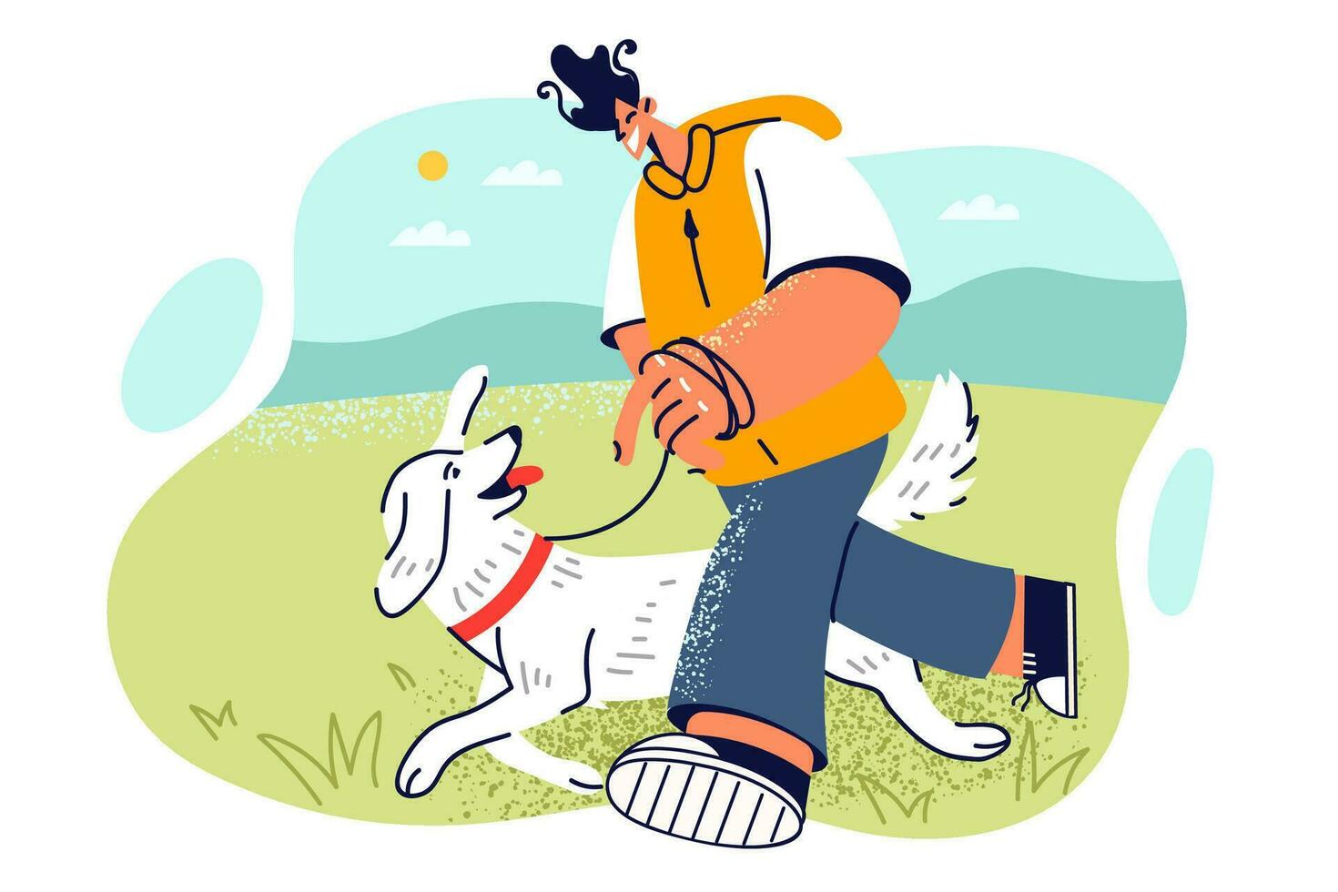 Man walks dog in park, leading pet on leash and enjoying warm weather and sunny day. Smiling teenager guy walking on grass with friendly puppy for concept of love for dog or pet care vector