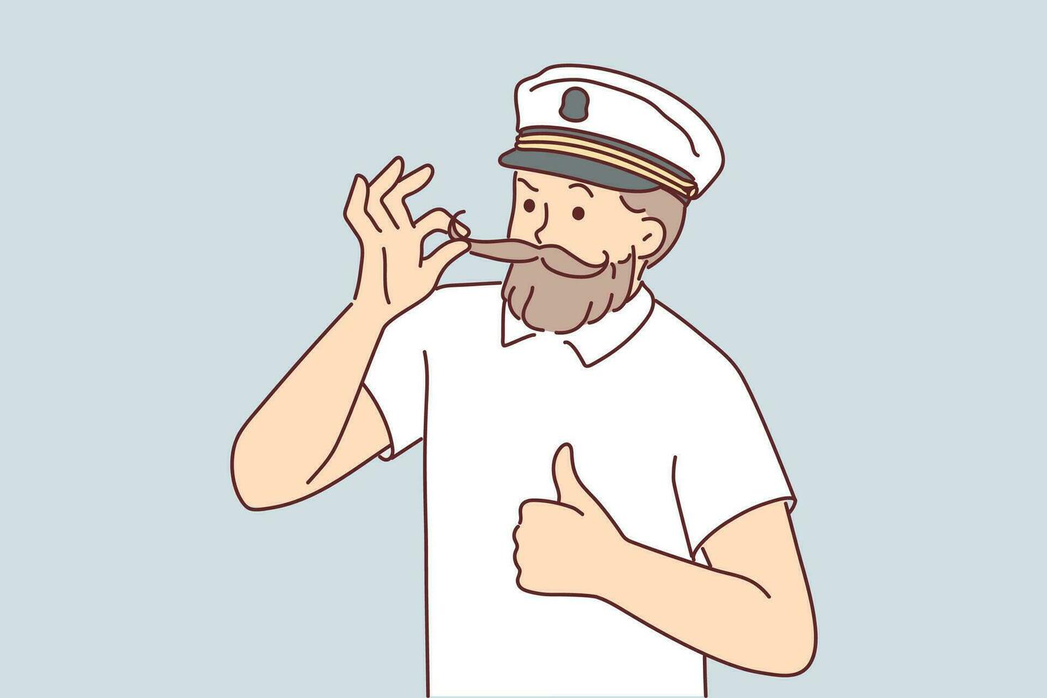 Man cruise ship captain fixes mustache and gives thumbs up suggestion to go on joint trip. Mature yacht owner stands in white t-shirt and captain hat before embarking on adventure around world vector