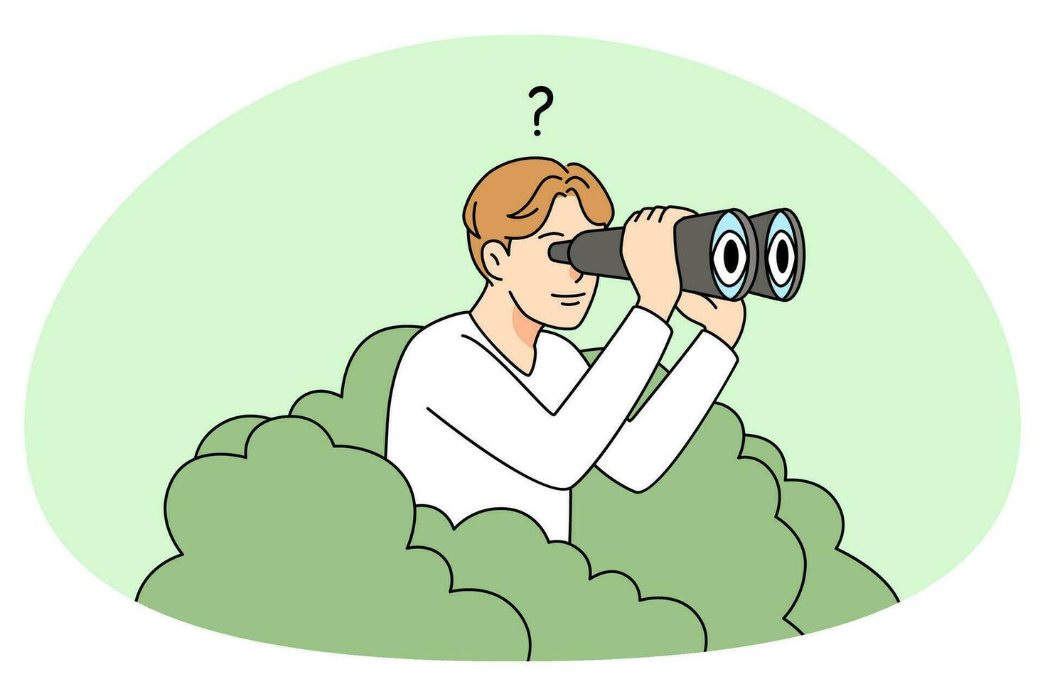 Man sitting in bush looking in binoculars. Male searching for new possibilities or opportunities. Watching perspectives concept. Vector illustration.