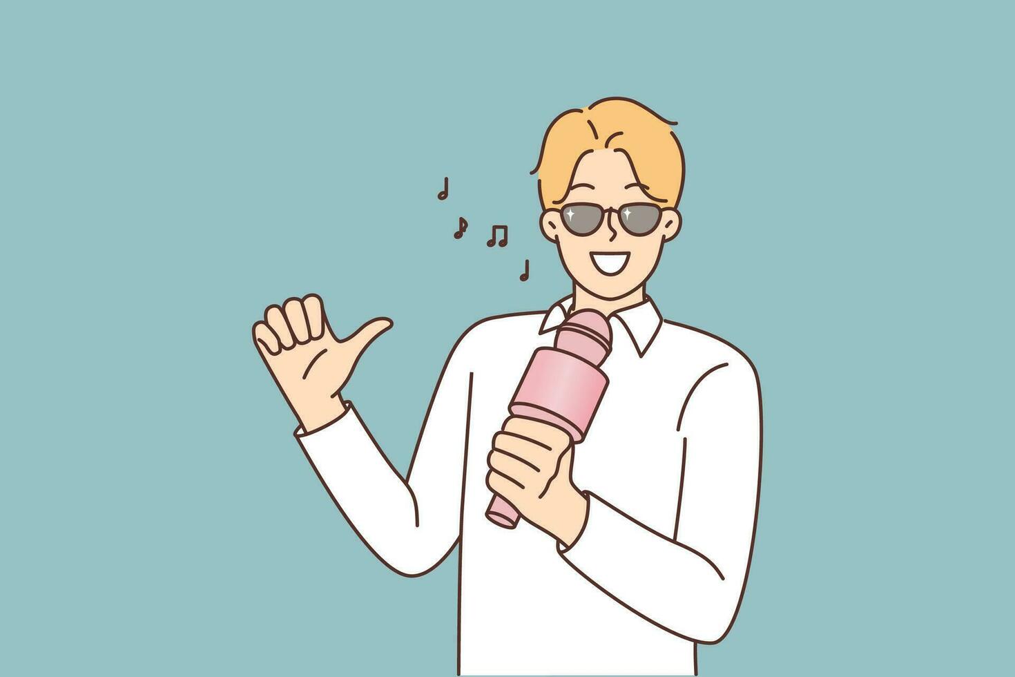Man with microphone sings in karaoke, performing songs of favorite pop group and relaxing after hard working week. Male singer or wakal teacher sings and looks confidently at screen vector