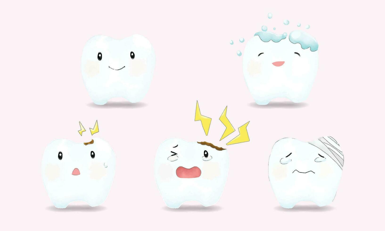 tooth care cartoon mascot team with watercolor painting style isolated ...