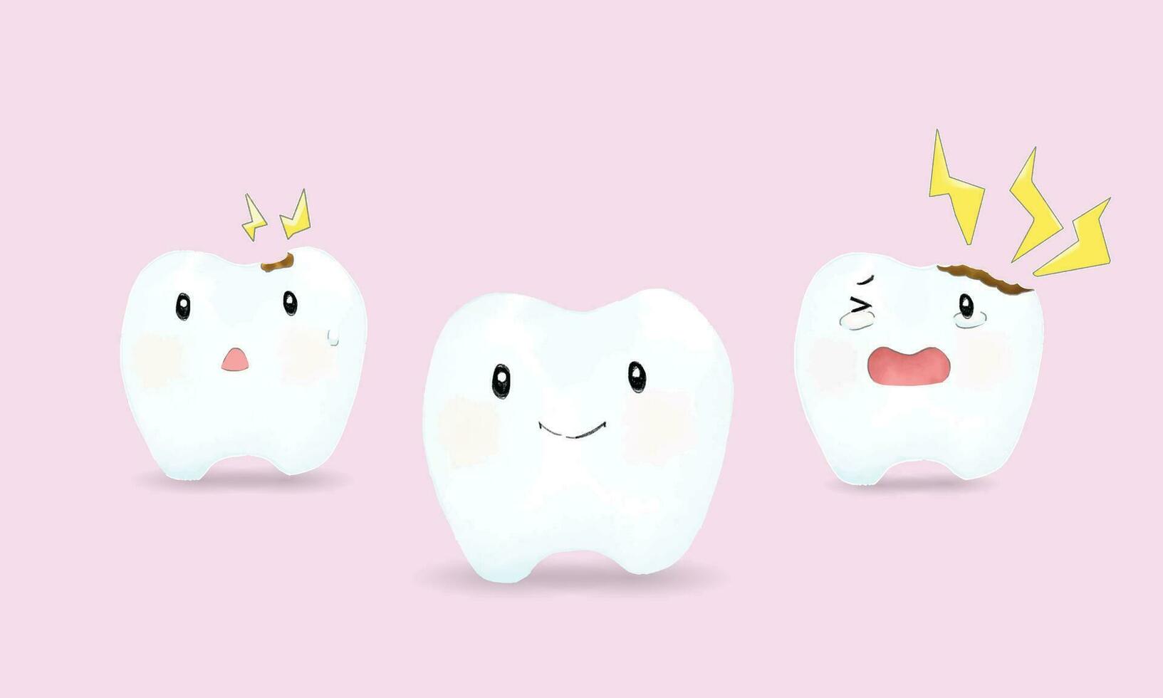 tooth care cartoon mascot team with watercolor painting style isolated on pink background vector