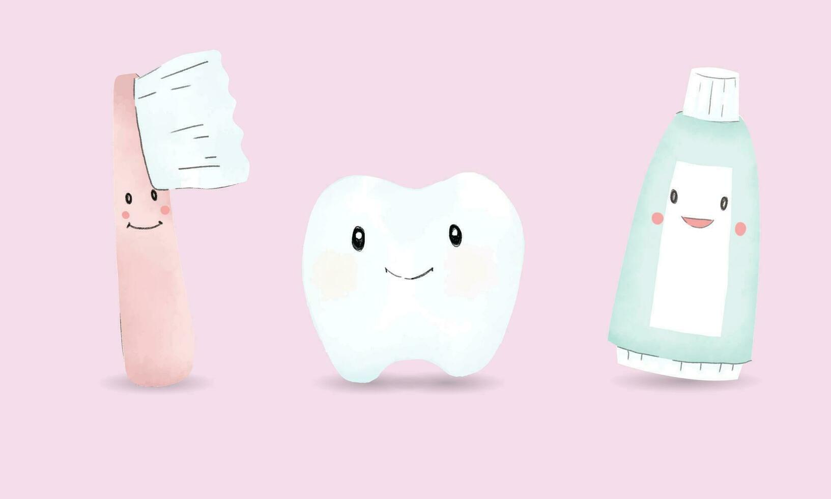 tooth care cartoon mascot team with watercolor painting style isolated on pink background vector