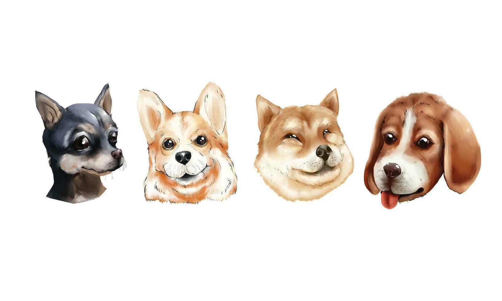 Set of watercolor portraits Chihuahua corgi shiba and beagle