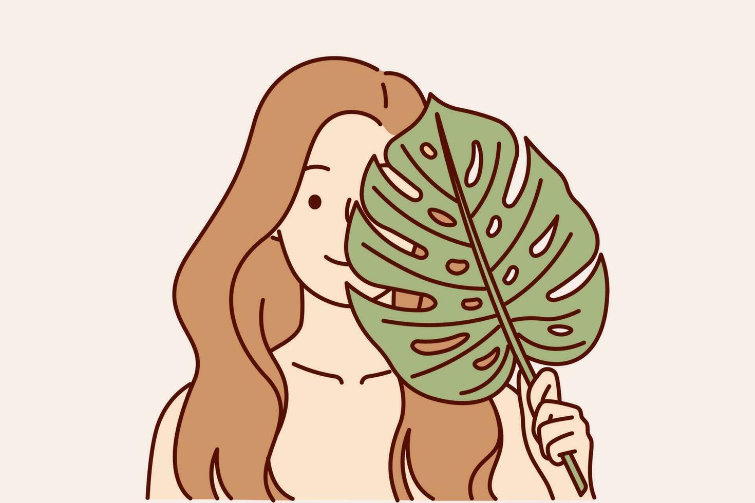Beautiful woman applies leaf from palm tree to face, symbolizing high-quality natural cosmetic product for skin or hair. GIrl recommends using cosmetic creams and shampoos based on plants vector
