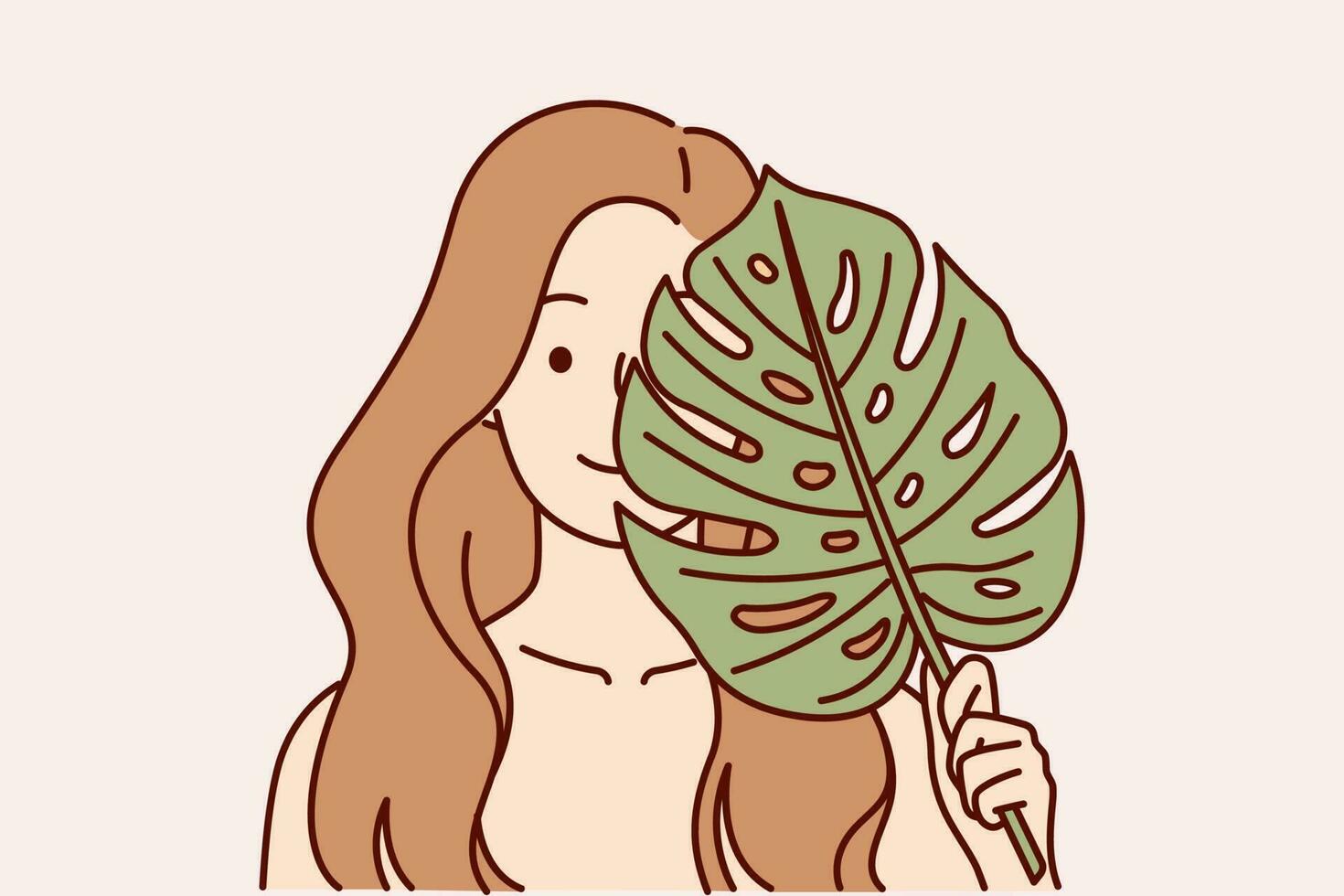 hermosa mujer aplica hoja desde palma árbol a rostro, simbolizando alta calidad natural cosmético producto para piel o cabello. niña recomienda utilizando cosmético cremas y champús establecido en plantas vector