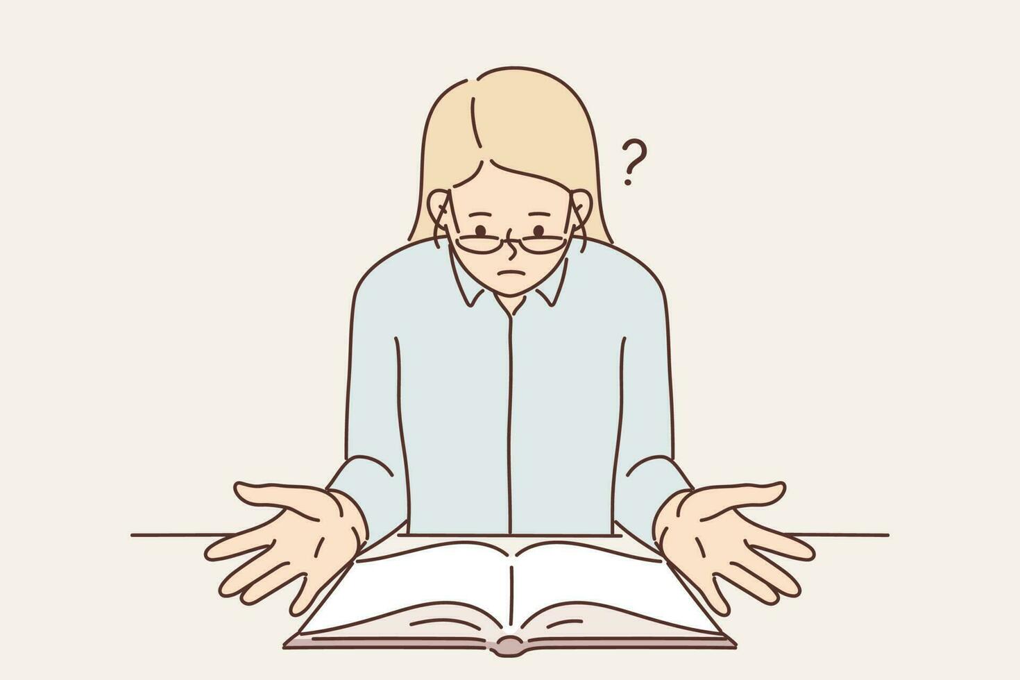 Surprised religious woman sitting at table with open bible reading holy book with christian prayers. Girl reading scientific literature asks question because distrust author or doubtful evidence base vector