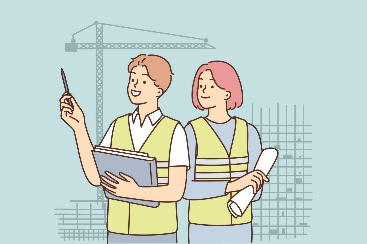 hombre y mujer en construcción uniformes inspeccionar construcción sitio con inconcluso Alto edificios constructores carrera concepto en Ingenieria o arquitectura oficina diseño negocio real inmuebles vector