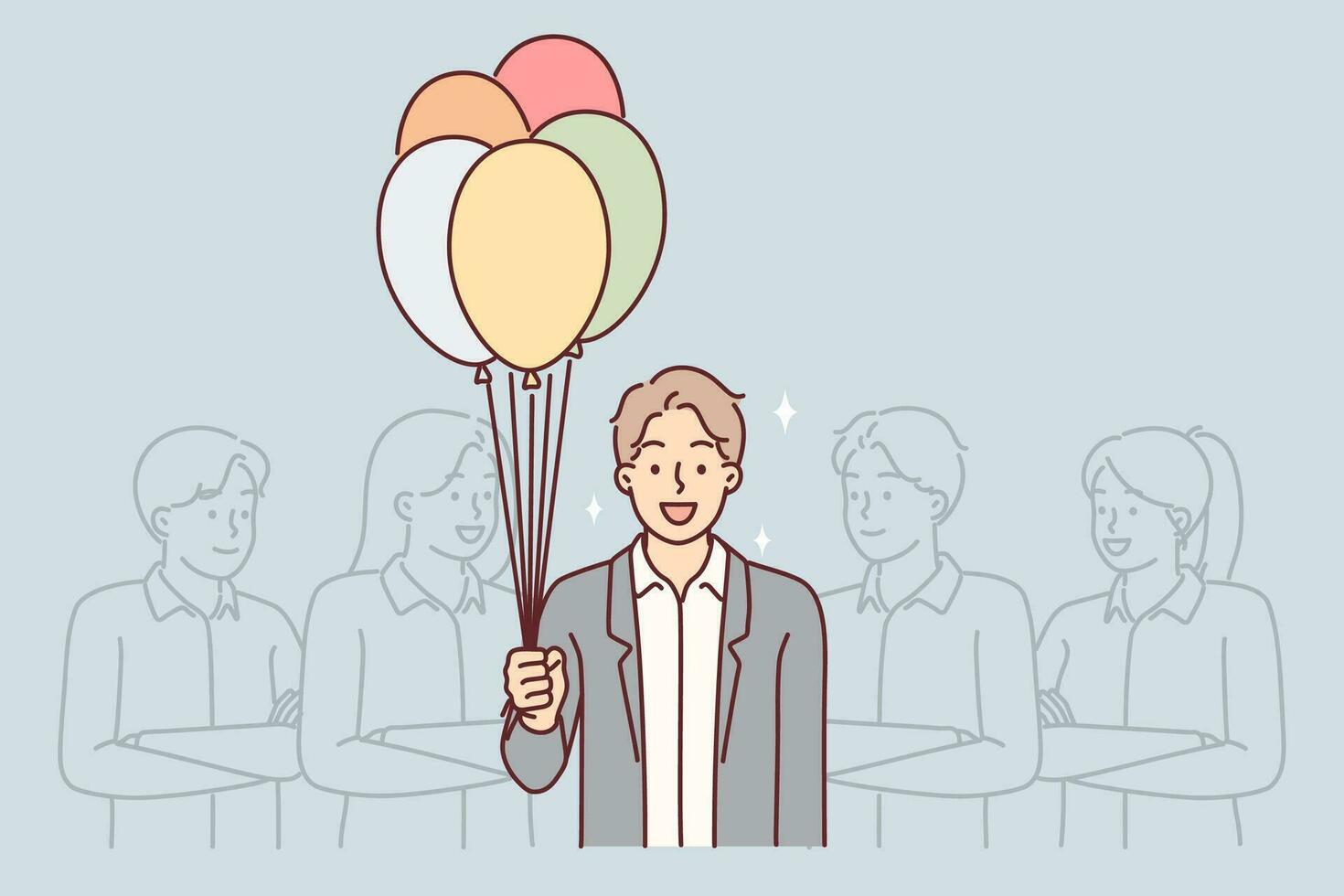 Business man with balloons stands near colleagues congratulating boss on birthday or celebrating promotion. Successful business people at party dedicated to receiving financial investments vector